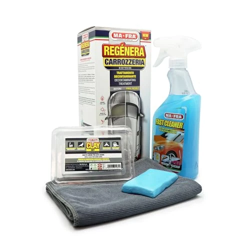 Offerta a tempo: Ma-Fra Kit Regénera Carrozzeria, Trattamento Decontaminante per Carrozzeria e Vetri Auto, Rimuove Smog, Insetti e Residui Ferrosi da Tutte Le Superfici Esterne, Contiene Fast Cleaner e Clay Bar Soft - 16% da 19.00 € a 16.03 €
