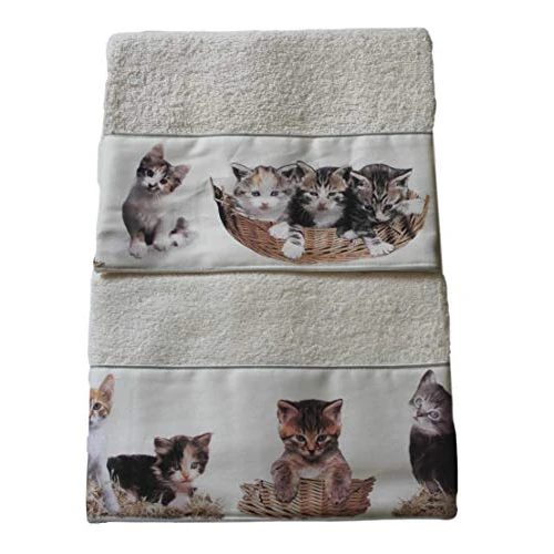 RICAMI FIORENTINI BALDI. Set asciugamani per bagno viso + ospite. Cotone 100%, 420 gr/mq. Fondo tinta unita con balza fantasia. Idea regalo. (Gatti)