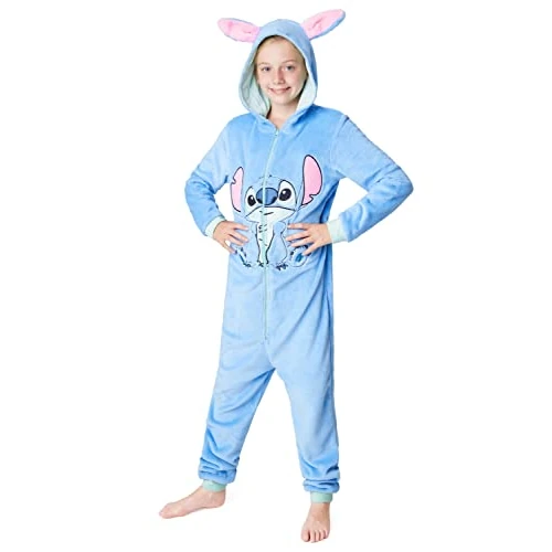 Disney Stitch Combinaison Pyjama Fille, Grenouillère Polaire Onesie 2-15 Ans (Bleu Stitch, 9-10 Ans)