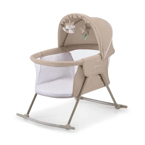 Kinderkraft LOVI Lettino da Campeggio, Culla a Dondolo, Cappottina, Materasso, Pieghevole, per Neonati, 0-9 Kg, Beige