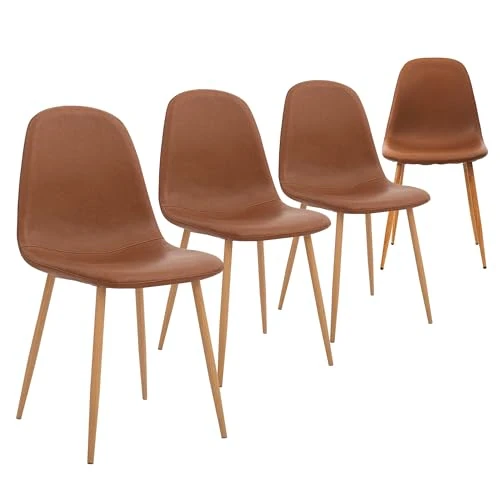 CangLong Set of 4 Dining Chairs Retro Upholstered Kitchen Chairs for Kitchen Dining Room, Faux Leather Lounge Chairs with Metal Legs, Brown