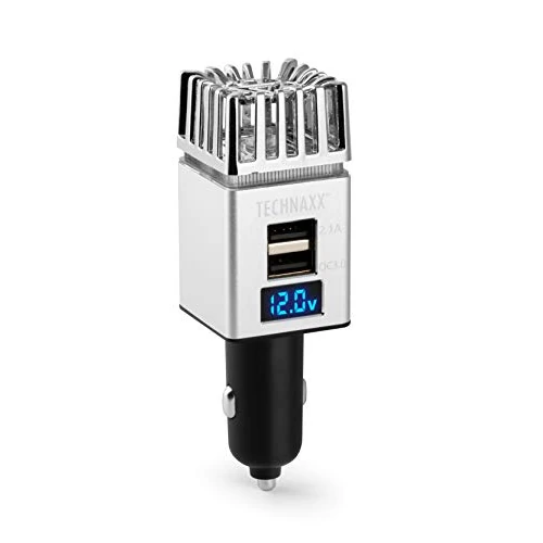 Technaxx Purificateur d'air de voiture 12/24V, 2x USB - Chargeur rapide 3.0, équilibre ionique, élimine la fumée de cigarette, les odeurs d'animaux domestiques - Désodorisant portable TX-130