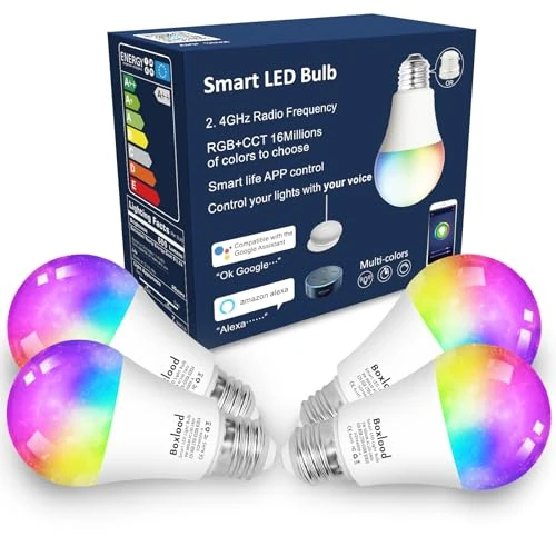 Boxlood Smart Bulb, E27 Screw Dimmable RGB Cool White & Warm White, Compatible with Alexa & Google Home, Smart Life WiFi LED Bulb, iOS Android Remote Control, 60W Equivalent, No Hub Required, 4 Pack