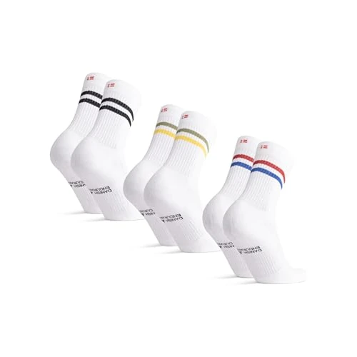Limited-time offer: DANISH ENDURANCE Tennis Crew Socks, Cotton Sports Socks, Cushioned for the Gym, for Men & Women, 3 or 6 Pack, White Multicolor (1x Black Stripes, 1x Green/Yellow Stripes, 1x Red/Blue Stripes), 9-12 from 45.95 £ to 27.95 £ (save 39.17%)