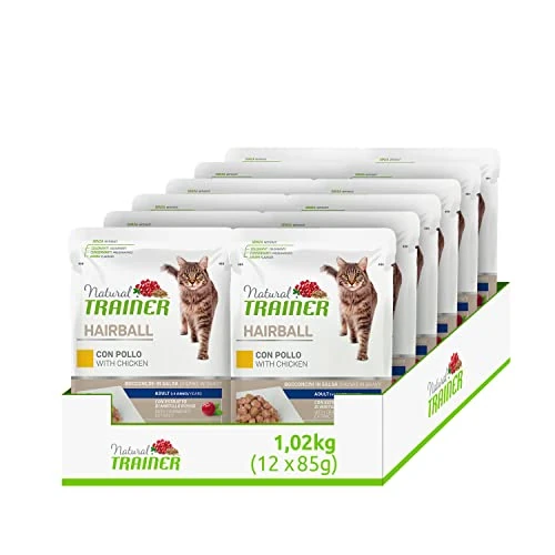 Natural Trainer Hairball Adult Mokra karma dla kotów z mieszanką kurczaka i błonnika 12 worków x 85 g - 1020 g