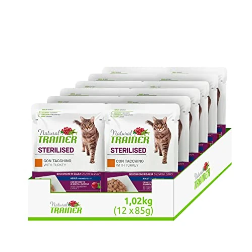 Natural Trainer Sterlisied Adult Comida húmeda para Gatos con Pavo y Fibra de Guisante, 12 Sobres x 85 g – 1020 gr