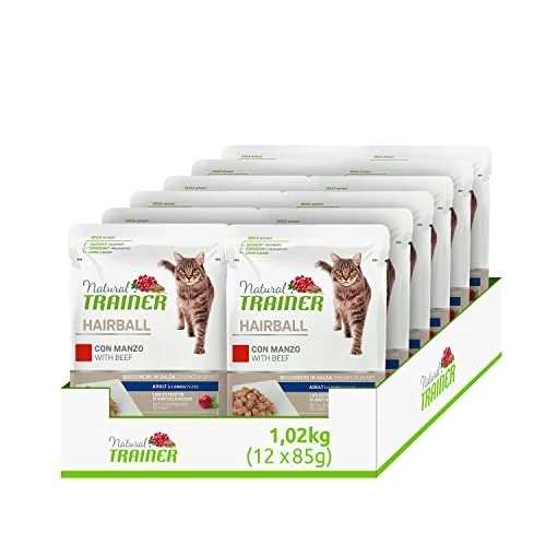 Offre limitée : Natural Trainer Hairball Adult Nourriture Humide pour Chats avec Boeuf et mélange de Fibres, 12 enveloppes x 85 g - 1020 GR de 14.97 € à 14.97 € (0.00% de remise)
