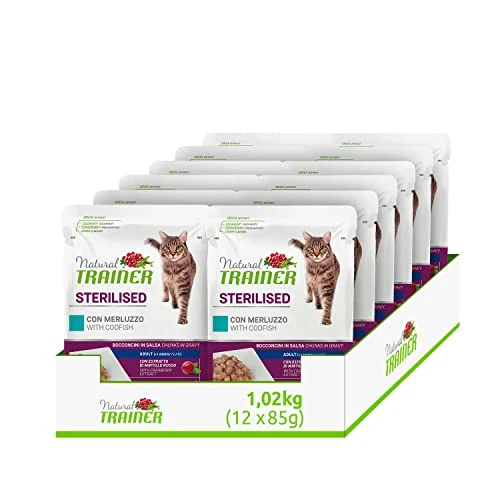 Natural Trainer Sterlisied Adult Wet Food for Cats with Cod and Pea Fibre, 12 x 85 g - 1018 g