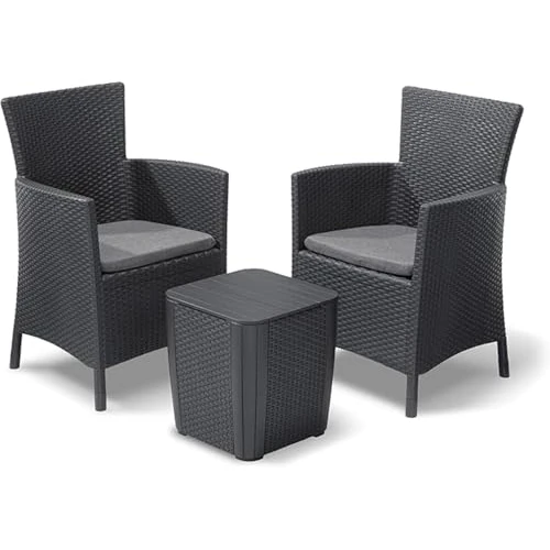 Oferta limitada: Keter Iowa Conjunto de jardín, terraza o balcón Exterior 2 plazas con Cojines incluidos y Mesa de almacenaje Auxiliar, Resina con Acabado ratán Plano, Color Grafito de 174.95 € a 154.95 € (ahorro 11%)
