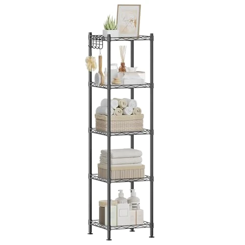 Offerta a tempo: SONGMICS Scaffale da Bagno, Portaoggetti in Metallo, Max Portata 100 kg, 5 Pannelli in PP, Ganci Rimovibili, 30 x 30 x 123,5 cm, Espandibile, per Spazio Stretto, Nero e Trasparente LGR23BK - 33% da 29.99 € a 20.16 €