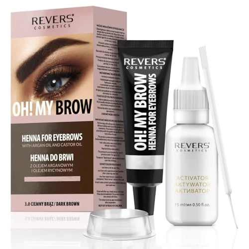 REVERS COSMETICS Zestaw farb do brwi Ciemny Brąz bez amoniaku, farba do brwi z olejem arganowym i olejem rycynowym, jakości salonowej, naturalny efekt, trwa do 4 tygodni, do 15 aplikacji