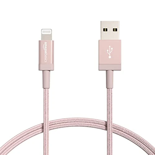 Amazon Basics Kabel do ładowania Lightning na USB-A, nylonowy oplot, certyfikat MFi, certyfikowana ładowarka do Apple iPhone, różowe złoto, 0,9 m, opakowanie 2 sztuk