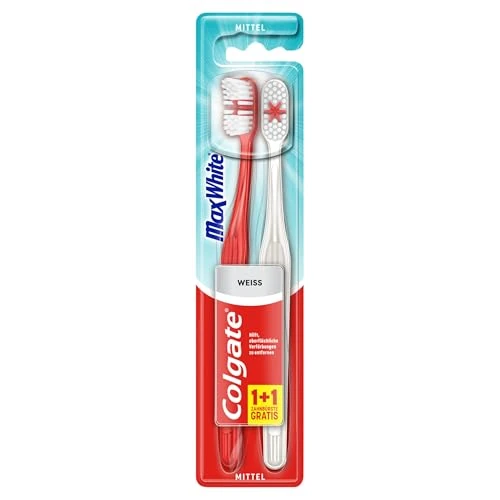 Colgate Tandenborstel Max White, medium, 2 stuks - handtandenborstel voor natuurlijk witte tanden, met middelharde borstelharen