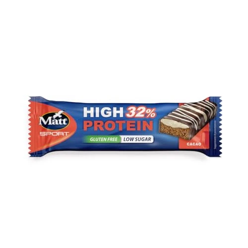 Matt, High Protein Cacao, Barretta Proteica, Senza Glutine, a Basso Contenuto di Zuccheri, Ricca di Fibre e Proteine, con 32% di Cioccolato e Ripieno Cremoso al Latte, Snack Dolce Sano e Goloso, 40 g
