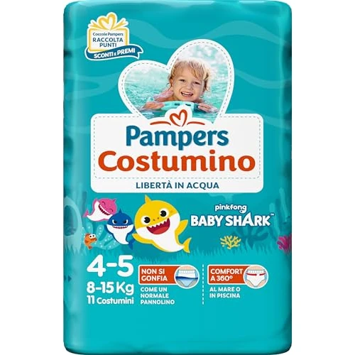 Pampers Costumino, Taglia 4 (8-15 kg), Doppia Barriera Laterale Anti-Fuoriuscita, Rimozione Facile, Fascia Elastica Avvolgente, Mare e Piscina, Cambio Veloce, Estate, Baby Shark, 11 Pannolini