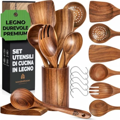 Offerta a tempo: Set Mestoli in Legno, Cucchiaio Legno e ganci in acciaio inossidabile - Utensili Cucina in Legno per Cucina con Porta e Poggiamestolo - Pentole Naturali Antiaderenti - Set durevole di 14 pezzi totali - 0.00% da 43.99 € a 43.99 €