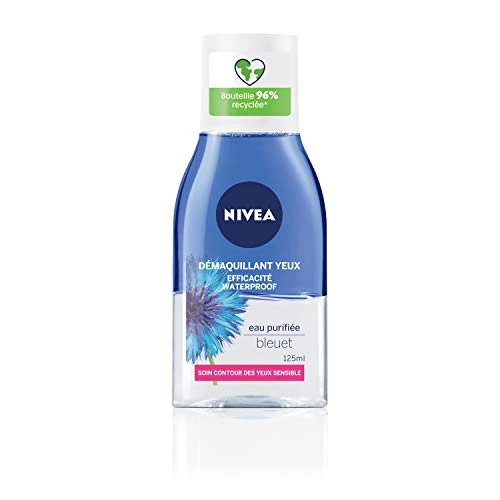 NIVEA Double Action Augen Make-up Entferner Kornblume (1 x 125 ml), Gesichtsreiniger angereichert mit gereinigtem Wasser, Gesichtspflege für Damen für alle Hauttypen, Reiseformat