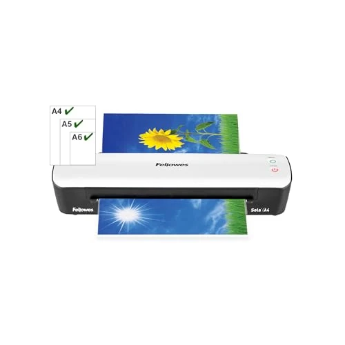 Offerta a tempo: Fellowes plastificatrice Sola, formato A4, fino a 125 micron, uso domestico, plastificatrice con leva di sblocco e modalità riposo, riscaldamento in 4 minuti [ESCLUSIVA AMAZON] - 0.00% da 29.99 € a 29.99 €