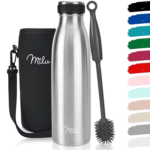 Offerta a tempo: Milu - Thermo in acciaio inox da 350/500/750/1000ml/1,5L borraccia termica, a prova di perdite, a doppia parete, adatta per bevande gassate, con spazzola per la pulizia (Argento, 500ml) - 19% da 26.95 € a 21.94 €