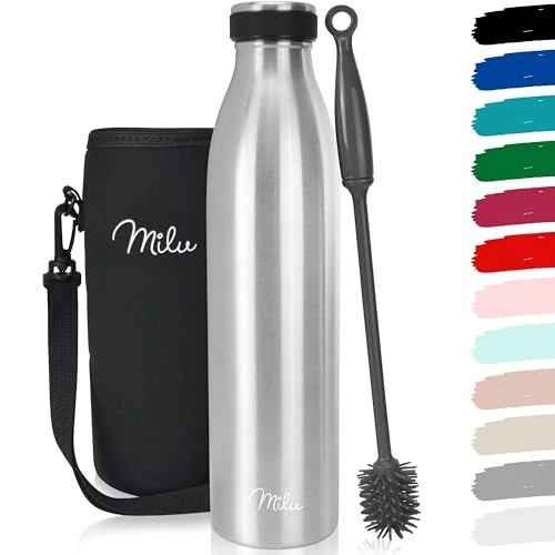 Offerta a tempo: Milu - Thermo in acciaio inox da 350/500/750/1000ml/1,5L borraccia termica, a prova di perdite, a doppia parete, adatta per bevande gassate, con spazzola per la pulizia (Argento, 1 litro) - 0.00% da 36.95 € a 36.95 €