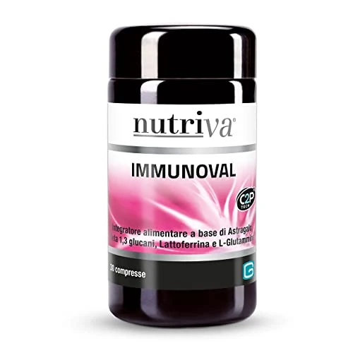 NUTRIVA Immunoval, Integratore Alimentare a base di Astragalo, Beta 1,3 glucani, Lattoferrina e L-Glutammina. Supporta le difese immunitarie. 30 compresse. C2P® Tech. Adatto a Vegetariani