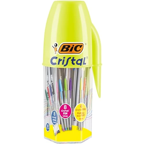 Bote de 20 bolígrafos BIC Cristal Original y BIC Cristal Fun con punta mediana y ancha, colores variados