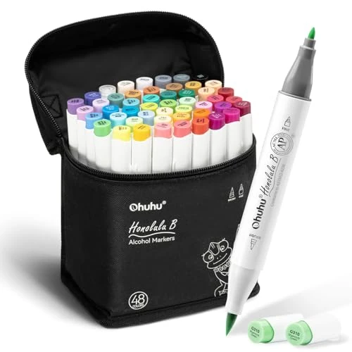 Ohuhu Alcohol Brush Markers 48 Kleuren, Dubbele Punt Penseel & Fijne Punt, Sketch Markers voor Volwassenen Illustratie, Gratis 1 Blender Honolulu B Series