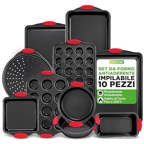 Offerta a tempo: NutriChef Set 10 Teglie da Forno Antiaderente, Rivestimento Grigio Nonstick di Lusso all'Interno e all'Esterno, Qualità da Ristorante Commerciale in Metallo con Manici in Silicone Rosso - 0.00% da 64.99 € a 64.99 €