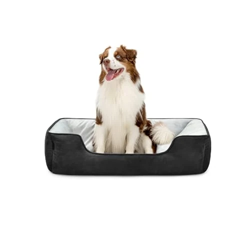 lionto Letto per cani 2 in 1 con ingresso confortevole, accogliente cuccia reversibile per cani e gatti, 110x80 cm, cuscino per cani in similpelle facile da pulire, nero/grigio