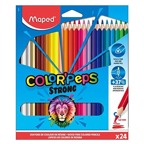 Maped Strong Color'Peps Coloring Pencils - 24 Ultra-Resistant, Ergonomic Colored Pencils - Pack of 24