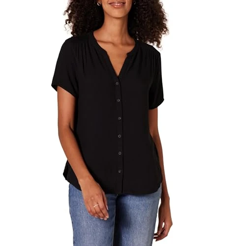 Offerta a tempo: Amazon Essentials Camicetta in Tessuto a Maniche Corte con vestibilità Comoda Donna, Nero, M - 0.00% da 10.37 € a 10.37 €