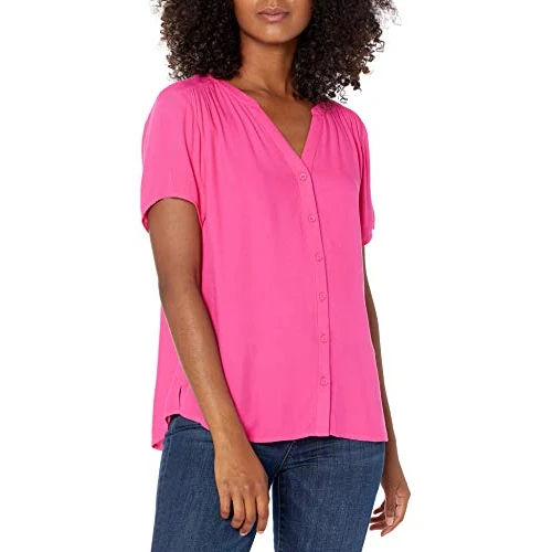 Offerta a tempo: Amazon Essentials Camicetta da Donna a Maniche Corte in Tessuto, Rosa Acceso, XS - 0.00% da 11.93 € a 11.93 €
