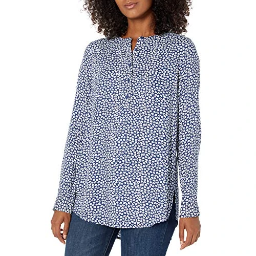 Amazon Essentials Blouse Tissée à Manches Longues Femme, Bleu Marine Blanc Pétales, M