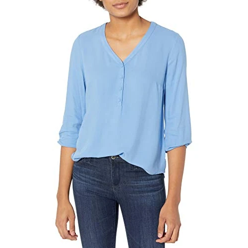 Amazon Essentials Damen Popover-Shirt Mit 3/4-Ärmeln Und Knöpfen, Locker Sitzende Bluse Mit V-Ausschnitt, Französisch Blau, M