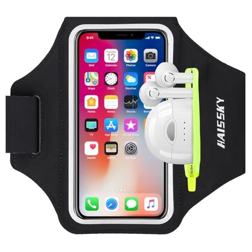 HAISSKY Brazalete Deportivo para Correr con Bolsa de Auriculares, Brazalete Móvil Deportivo Ajustable para iPhone 16 Pro MAX 15 Pro 14 13 12 11 Plus, Galaxy S25/S24/S23/S22, hasta 6,9" (Negro)