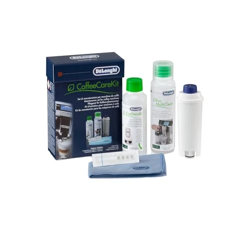 De'Longhi Coffe Care Kit DLSC306, Set per la Manutenzione delle Macchine da Caffè con Filtro dell'Acqua, EcoDecalk Decalcificante, Eco Multi Clean, Panno In Microfibra, Test Durezza dell'Acqua