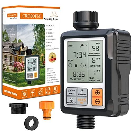 Offre limitée : CROSOFMI Programmateur Arrosage Automatique Minuteur Arrosage pour Jardin Programmateur Robinet Arrosage Connecté/Mode Verrouillage Enfant/Mode Automatique & Manuel/Retard De Pluie/IP65 Étanche de 29.99 € à 29.99 € (0.00% de remise)