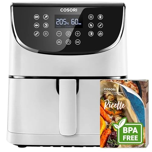 Cosori Freidora de Aire Duradera 5,7L Air Fryer 1700W, Tecnología Rapid, 67,5% Menos Energía, 13 Automáticos Modos, Uso Fácil, LED Panel Táctil, Acero Inox Interior, Hasta 205 C y 60 Min, Blanca