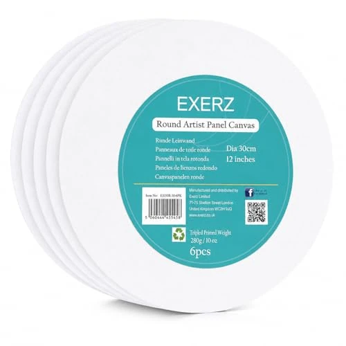 Offre limitée : EXERZ Panneaux de toile Lot de 6/ Rond/30cm diamètre/Cartons entoilés/Tableaux en toile à peindre/ 280GSM/100% coton Pré-étiré/Vierge/Triple apprêt/Sans acide/grain moyen / 0,3 cm d'épaisseur de 19.99 € à 16.24 € (19% de remise)
