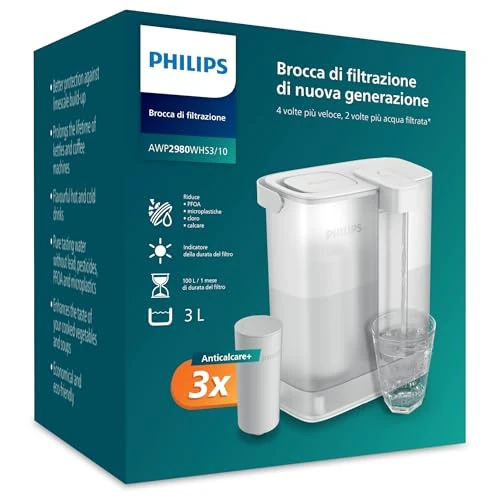 Philips Water Natychmiastowy filtr wody z 3 filtrami zamiennymi Softening+, redukcja wapna do kolejnych 50%, szybki przepływ 1 l/min, akumulator USB-C, pojemność 3 l