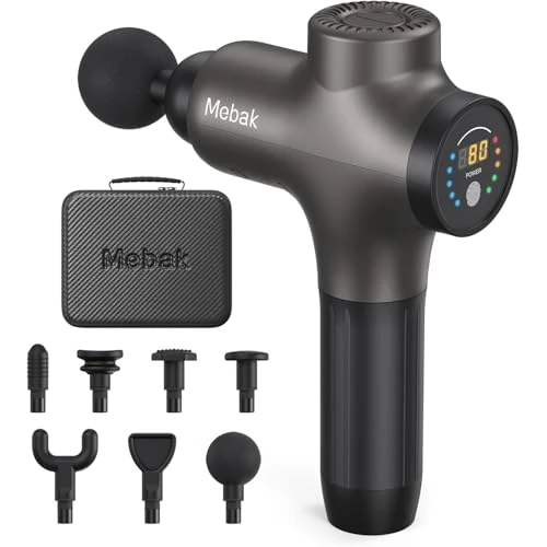 Mebak Massagepistool Deep Tissue Percussie Muscle Massager Gun Handhel Elektrisch massageapparaat voor atleet Nek Rug Lichaamspijnverlichting Superstille draagbare sportmassager met borstelloze motor 7 koppen 5 snelheid 3