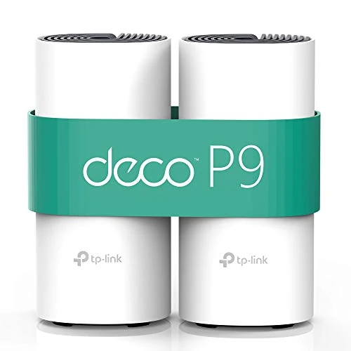 TP-Link Deco P9 Powerline zestaw sieci WLAN (podwójny pasmo 1200 Mbit/s + HomePlug 1000 Mbit/s, zasięg do 370 m², Qualcomm Core, 4 porty Gigabit, kompatybilny z Alexa, szybka instalacja), biały