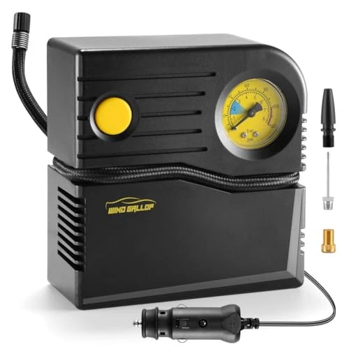 Limited-time offer: WindGallop Car Tyre Inflator Air Compressor Car Tyre Pump 12v Electric Tyre Pumps for Cars Air Pump with Tyre Pressure Gauge and Inflator Small Car Pumps for Tyres Valve Adaptors (Yellow) from 15.98 GBP to 15.98 GBP (save 0%)