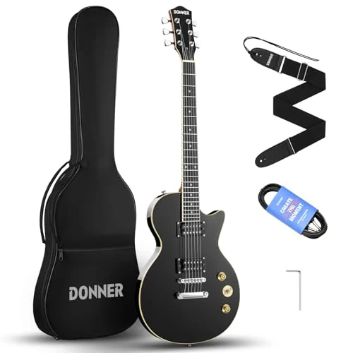 Donner LP Electric Guitar Kit Full Size Guitar Starter Set 39 inch massieve body met tas, riem, kabel (LP -stijl, zwart)