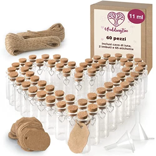 Limited offer: WeddingTree 60x11ml Small Glass Bottles with Cork Lids - Mini Bottles with Heart Pendant and Funnel - For Presents Wedding Decoration and Spices from 14.99 EUR to 14.99 EUR (save 0%)