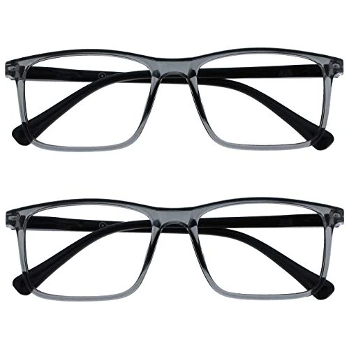 OPULIZE Ink Gafas de Lectura Pack de 2 Montura Grande Cuadrada Frente Gris Transparente Varillas Negras Bisagras con Muelle Resistente a los Arañazos Unisex RR4-7 +1.00