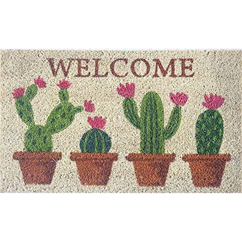Limited offer: Coconut Outdoor Doormat with PVC Base Hand Painted Depicting Cactus in Flower Written Welcome 70 x 40 x 2 cm. Easy to Clean and Ultra Resistant from 16.99 EUR to 16.99 EUR (save 0%)
