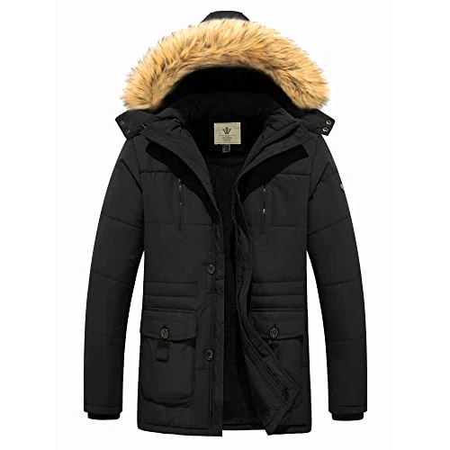 Limited-time offer: WenVen Men's Winter Hooded Windproof Jacket Casual Cotton Outerwear Coat Thickened Mid-Length Jacket Warm Fleece Lining Coat Black XXL from 62.89 GBP to 32.29 GBP (save 49%)