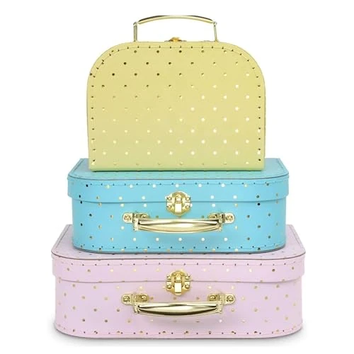 Offre limitée : Jewelkeeper - Valises en carton, lot de 3 - Boîtes cadeaux emboîtables pour jouets, anniversaires, mariages, Noël, crèche, bureau, décoration, affichages, photos - Modèle à pois dorés de 36.48 EUR à 36.48 EUR (remise 0%)