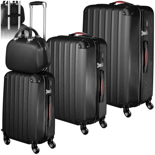 tectake 800763 Lot de 4 valises à roulettes en ABS, coque rigide, légère, trousse de beauté de voyage, poignée télescopique ergonomique, aspect métallique, Noir (Noir) - 800763